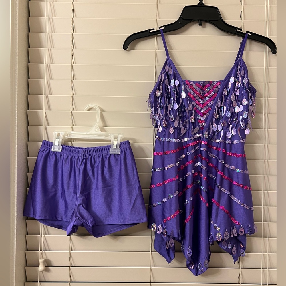 Glamour Costume Dance 2-Piece Sequin Purple Costume Adult Small Tank Top/Shorts - Picture 3 of 12